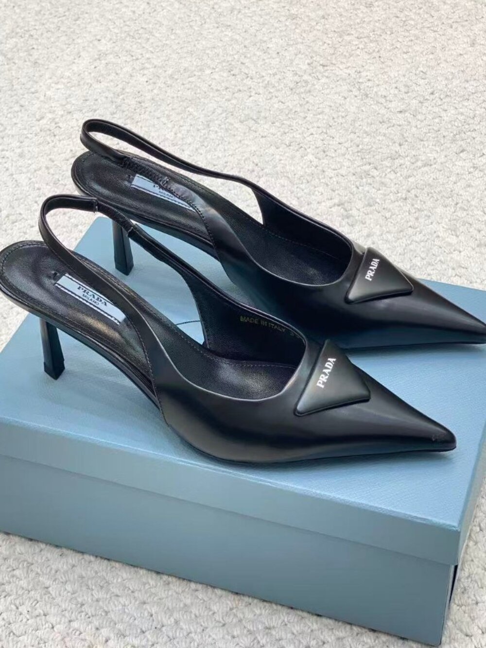 Prada Black Triangle Logo Pointed‑Toe Slingback Heels